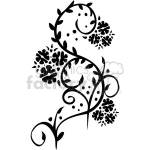 This clipart image features a black silhouette of a decorative floral vine with leaves and abstract flower clusters. The design has an elegant and curvy appearance.