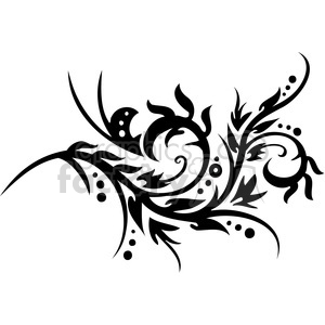A black, intricate floral swirl design clipart image with curved lines and dots representing leaves and flowers.