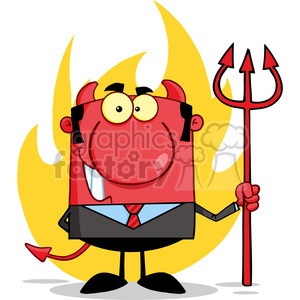   Clipart of Smiling Devil Boss With A Trident In Front Of Flames 