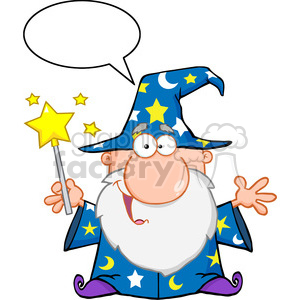 Cartoon image of a friendly wizard wearing a star and moon-patterned blue robe and hat, holding a yellow star-shaped magic wand with sparkles around it. A blank speech bubble is shown above his head.