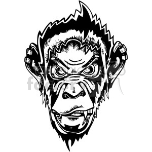 The clipart image shows a stylized and aggressive depiction of a chimpanzee's head. It features bold, black-and-white line art with stark contrasts, emphasizing the wild and somewhat menacing expression of the chimpanzee. The design includes sharp lines that suggest movement or energy around the head, along with the detailed facial features such as the eyes, nose, mouth, and fur texture that capture a fierce and intense demeanor.