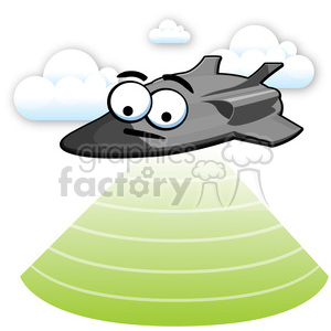 A cartoon-style stealth bomber with eyes and a green radar beam, flying among clouds.