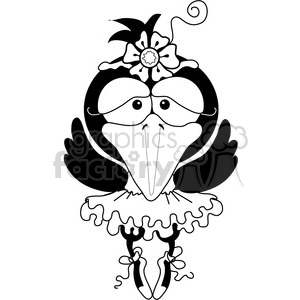 A black and white clipart image of a cute cartoon bird dressed as a ballet dancer, wearing a tutu, ballet shoes, and a flower headband.