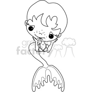 A black and white clipart image of a cute cartoon mermaid with short hair, large eyes, and a long fish tail. The mermaid appears to be resting her hands on her cheeks, looking happy and content.