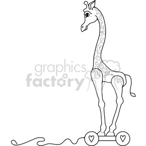 A black and white clipart image of a giraffe toy on wheels, equipped with a string for pulling. The toy features heart-shaped designs on its wheels.