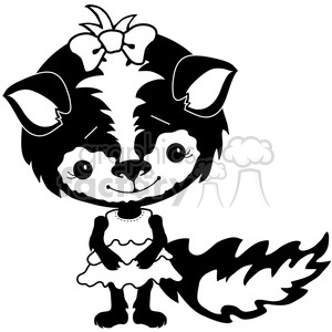 A cute black and white cartoon illustration of an anthropomorphic skunk. The skunk is wearing a dress, has a bow on its head, and is smiling adorably with its hands clasped in front.
