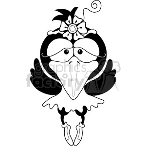 A cute black and white clipart image of a bird wearing a ballet tutu and a flower headpiece. The bird has expressive eyes, wings raised, and ballet shoes on.