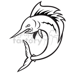 A stylized black and white clipart image of a sailfish , depicted in an aggressive and dynamic pose.