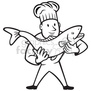 A black and white clipart image of a chef holding a large fish.