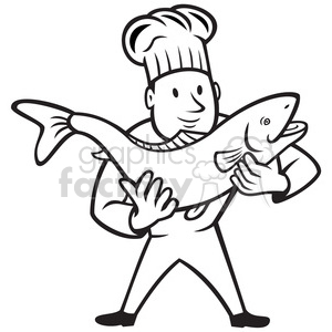 black and white chef cook holding trout fish