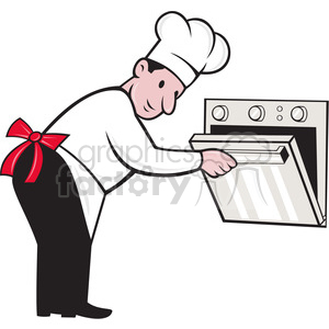 Illustration of a baker or chef wearing a white uniform and hat, opening an oven door.