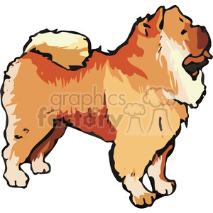 This clipart image features a cartoon representation of a Chow Chow dog. The dog has a thick coat in shades of orange and cream, with distinctive fluffy fur, especially around the face and neck, which gives the breed its characteristic lion-like appearance. The Chow Chow is standing in profile, and its tongue is not visible, which is notable since the breed is known for having a blue-black tongue.