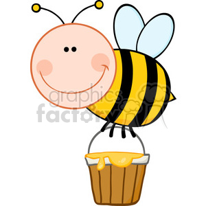A cheerful cartoon bee with a large smiling face and yellow-and-black striped body is holding a bucket overflowing with honey.