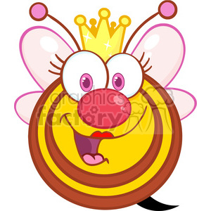 A cheerful cartoon bee with large eyes, red nose, a big smile, and wearing a yellow crown with sparkles, featuring pink wings and a striped body.