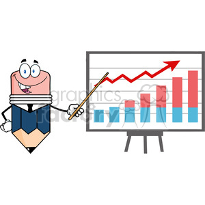 A cartoon pencil character in a suit presenting a bar chart with an upward trend line.