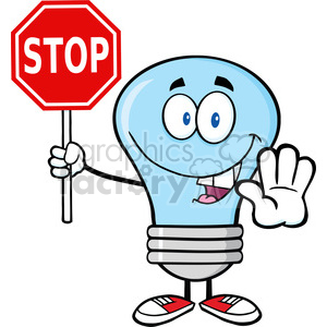 6065 Royalty Free Clip Art Blue Light Bulb Cartoon Character Holding A Stop Sign