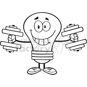   6018 Royalty Free Clip Art Smiling Light Bulb Cartoon Character Training With Dumbbells 