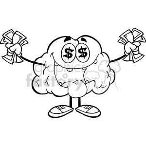 A humorous clipart of a brain character with dollar signs in its eyes, holding stacks of money, symbolizing intelligence and financial success.