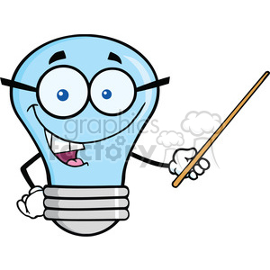 6168 Royalty Free Clip Art Blue Light Bulb Character With Glasses Holding A Pointer