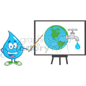 6223 Royalty Free Clip Art Water Drop Character With Pointer Presenting On A Board Earth Globe