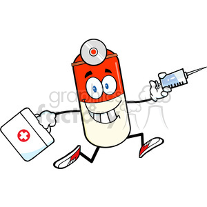 6298 Royalty Free Clip Art Pill Capsule Cartoon Mascot Character Running With A Syringe And Medicine Bag