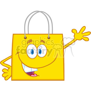   6726 Royalty Free Clip Art Smiling Yellow Shopping Bag Cartoon Mascot Character Waving For Greeting 