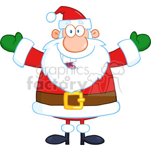 A humorous clipart image of Santa Claus with his arms raised, wearing a red suit and green mittens.