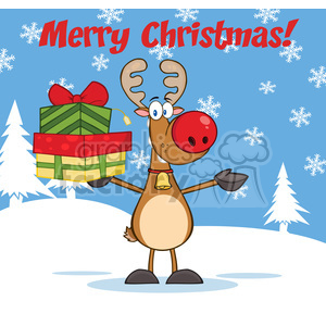 A humorous Christmas-themed clipart featuring a cartoon reindeer holding a stack of gifts, set against a snowy backdrop with snowflakes and trees, with 'Merry Christmas!' text.