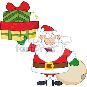 Cartoon Santa Claus holding a stack of colorful Christmas gifts with a big smile.