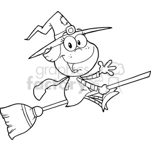 6629 Royalty Free Clip Art Back And White Halloween Little Witch Cartoon Character Waving For Greeting