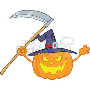 6636 Royalty Free Clip Art Scaring Halloween Pumpkin With A Witch Hat And Scythe Cartoon Illustration