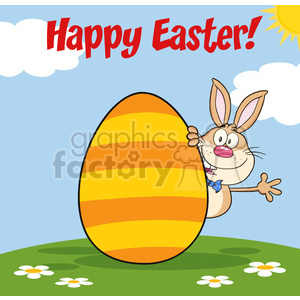   Royalty Free RF Clipart Illustration Happy Easter From Rabbit Cartoon Character Waving Behinde Egg 