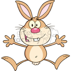 A cheerful cartoon bunny with large ears and a pink nose, smiling widely and spreading its arms and legs.