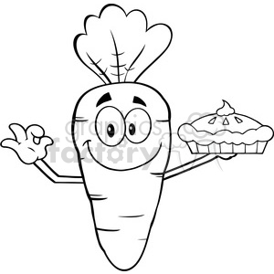   Royalty Free RF Clipart Illustration Black And White Smiling Carrot Cartoon Character Holding Up A Pie 