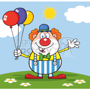 A cheerful clown with bright red shoes, blue and white striped overalls, a green bow tie, and a blue hat is holding three colorful balloons (red, blue, and yellow) under a sunny, blue sky with white clouds. The clown is standing on a grassy field with flowers.