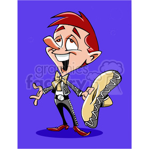 The clipart image depicts a caricature of a flamboyant male Spanish singer or performer. He is smiling broadly and is clad in a typical outfit consisting of a decorated shirt with a large bow tie, a cummerbund, ornate black pants adorned with buttons or studs, and shiny red shoes that curl up at the toes. In his left hand, he holds a traditional Spanish guitar. The background is a simple, solid purple color, and the overall style is cartoonish and exaggerated.