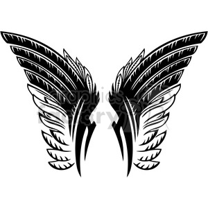 A black and white clipart image of stylized bird wings with intricate detailing and sharp edges, giving it a tribal or tattoo-like appearance.