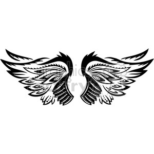 This is a clipart image featuring a symmetrical pair of stylized, intricate wings. The design is in black, with a pattern resembling feathers and lines creating a detailed, decorative look.