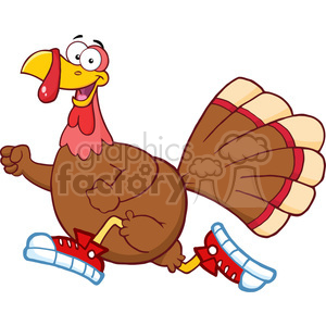 The image is a cartoon-style clipart of a turkey with a big smile, running to the right. The turkey is anthropomorphized, having arms and wearing sneakers on its feet. Its tail feathers are fanned out, and it has a red wattle and a large yellow beak.