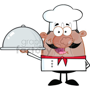   The image shows a cartoon character of a chef holding a cloche or a dome-shaped cover, commonly used to cover food. The chef is depicted with a big smile, indicating he