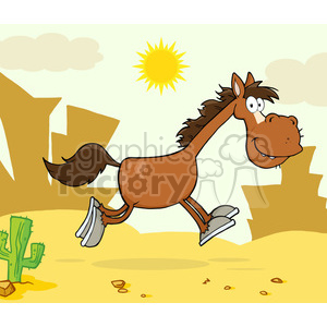 The clipart image features a cartoon of a happy, brown horse galloping through a desert setting. The horse has a large smile and is looking forward as it trots along. It has a dark mane and tail and is wearing white shoes with brown stars on them. The background includes a yellow sun with rays shining in the sky, fluffy clouds, a green cactus, and desert mountains with a sand color gradient. There are also some rocks scattered on the ground. The overall scene conveys a lighthearted and cheerful mood.