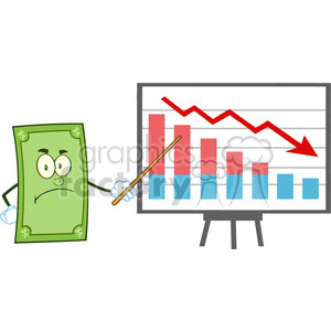 The clipart image depicts an anthropomorphic dollar bill with a concerned expression, holding a pointer and presenting a chart. The chart shows a red declining trend line above blue and red bars, indicating a decrease in financial performance or profits.