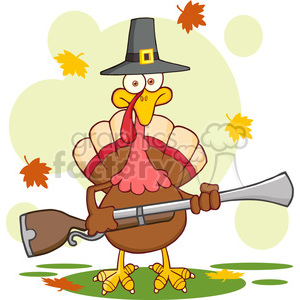 This clipart image depicts a cartoon turkey wearing a pilgrim hat and holding a blunderbuss gun. The turkey appears determined or defiant. It stands on a grassy ground with autumn leaves falling around it. The background has a yellowish tinge, giving it a fall atmosphere.