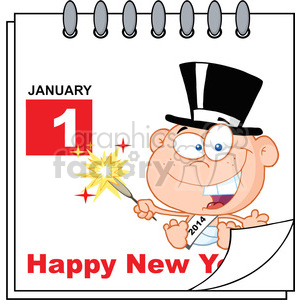 A cartoon baby wearing a top hat and sash labeled with '2014', holding a sparkler next to a calendar page showing January 1st. The text 'Happy New Year' is included.