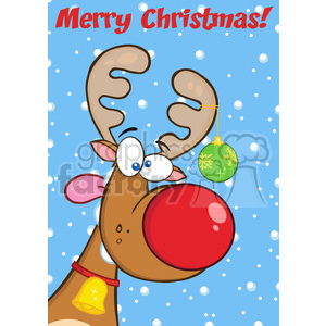 A festive clipart image featuring a cartoon reindeer with a red nose, big eyes, and antlers. The reindeer has a green ornament hanging from its antler and is surrounded by falling snowflakes. The words 'Merry Christmas!' are displayed at the top.