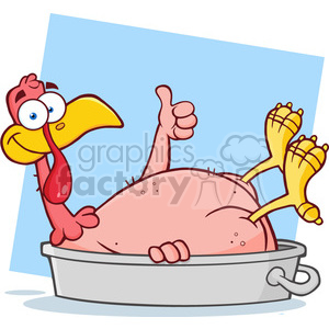 A cartoon turkey giving a thumbs-up while lying in a roasting pan.