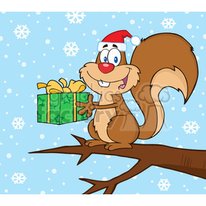 A cartoon squirrel wearing a Santa hat is sitting on a tree branch, holding a Christmas present. The background features falling snowflakes.