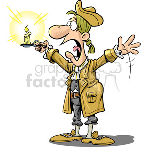   The clipart image depicts a cartoon character dressed in colonial attire, holding a candle in one hand and looking surprised. The character
