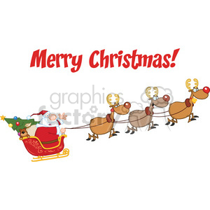 A cheerful Santa Claus in a red sleigh being pulled by three reindeer, carrying a Christmas tree and gifts, with 'Merry Christmas!' written above.