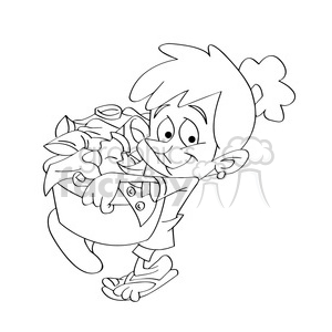   vector black and white cartoon child carrying a laundry basket 